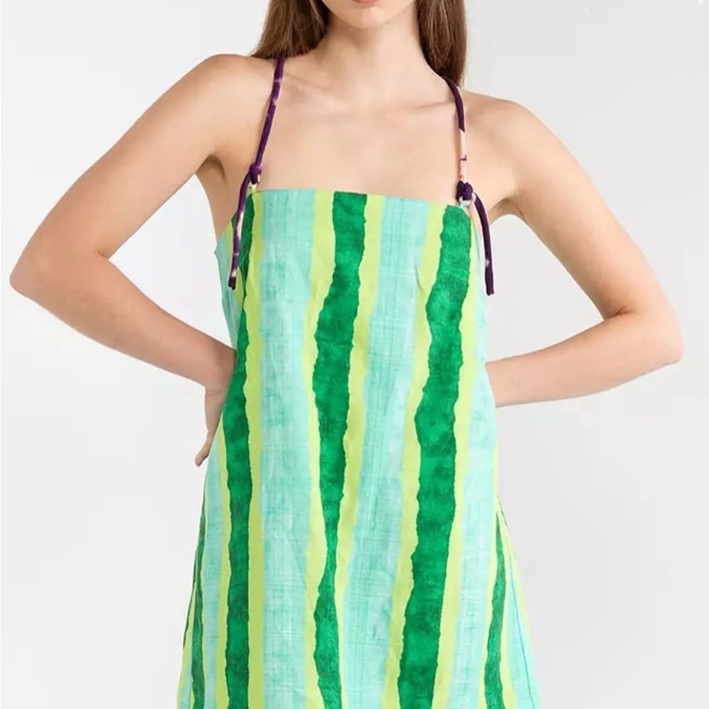 Zara linen Green and Purple Striped Dress